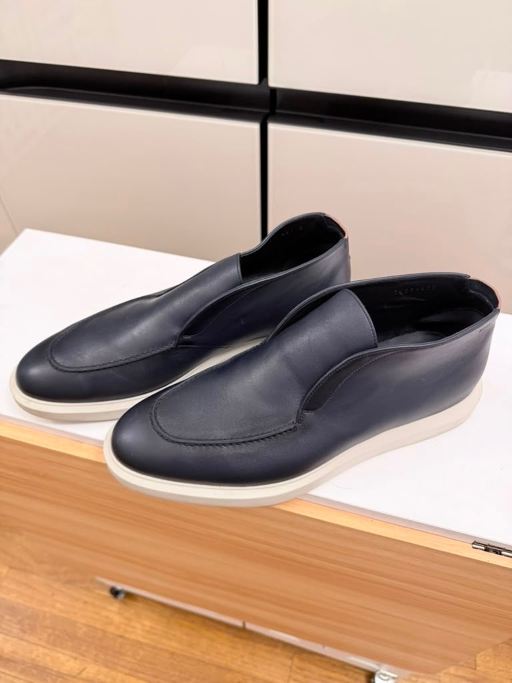 Hugo Boss Navy Leather Slip-On Sneakers with White Sole